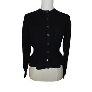 Women's XS PAIGE Black Button-Up Ribbed Peplum Wool-Blend Cardigan